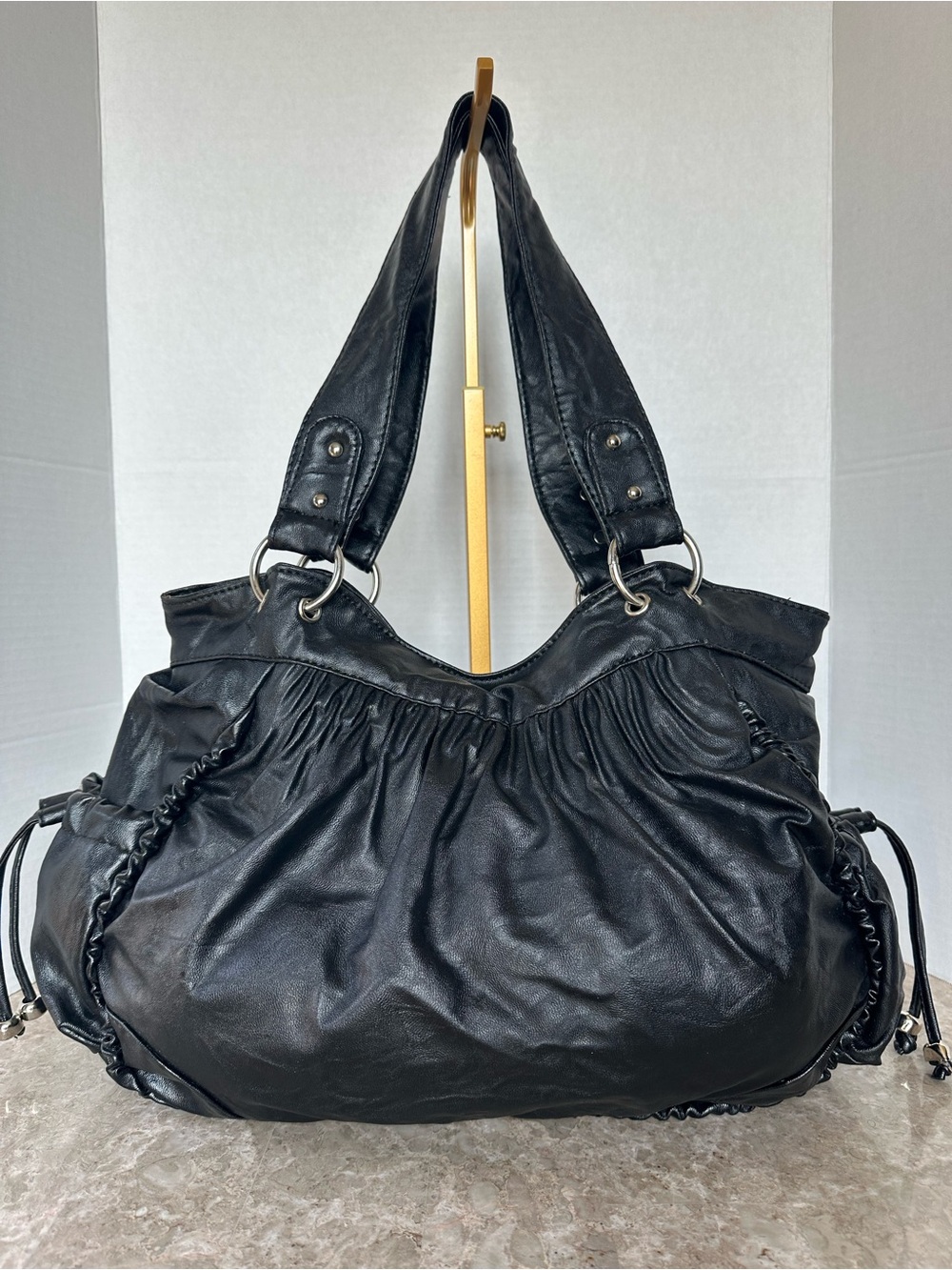 Black Sloucy Ruched Vegan Leather Hobo Bag Side Drawstring Shoulder Purse Chic